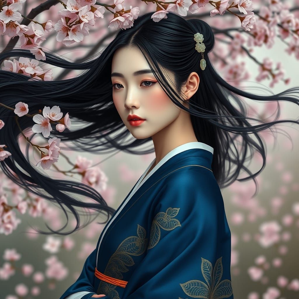 Korean Woman in Cherry Blossoms, Art Nouveau Style