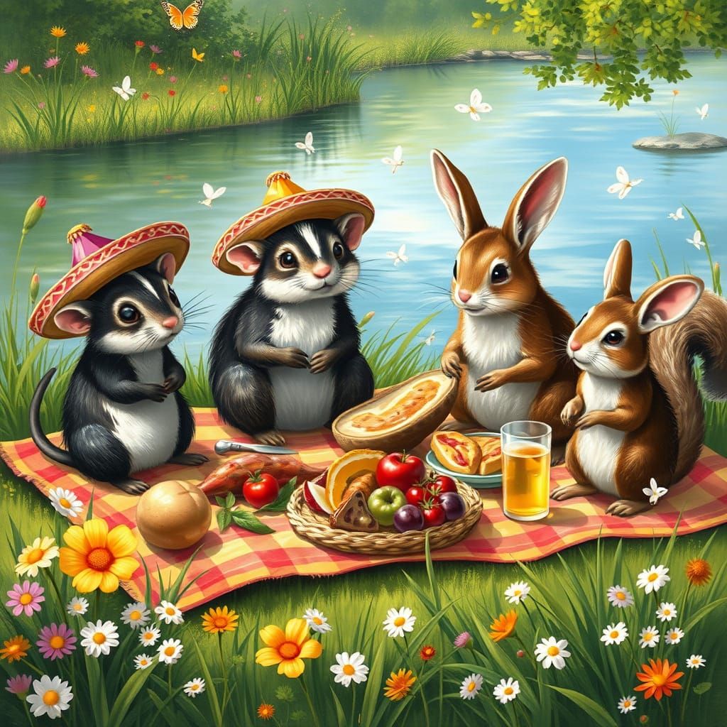 Whimsical Picnic Scene with Animal Friends in Sombreros