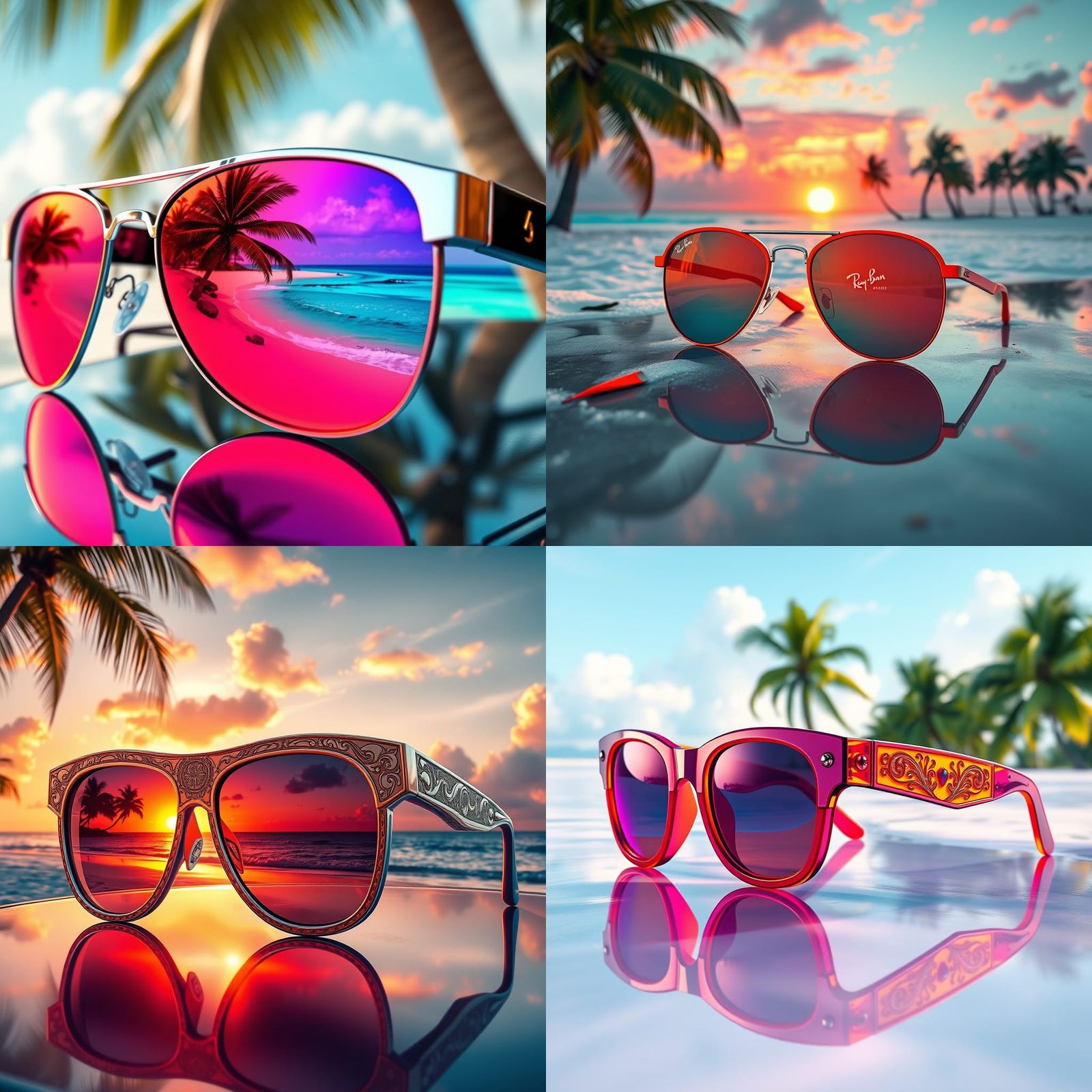 Sunglasses Reflecting Tropical Beach in Detailed Matte Paint...
