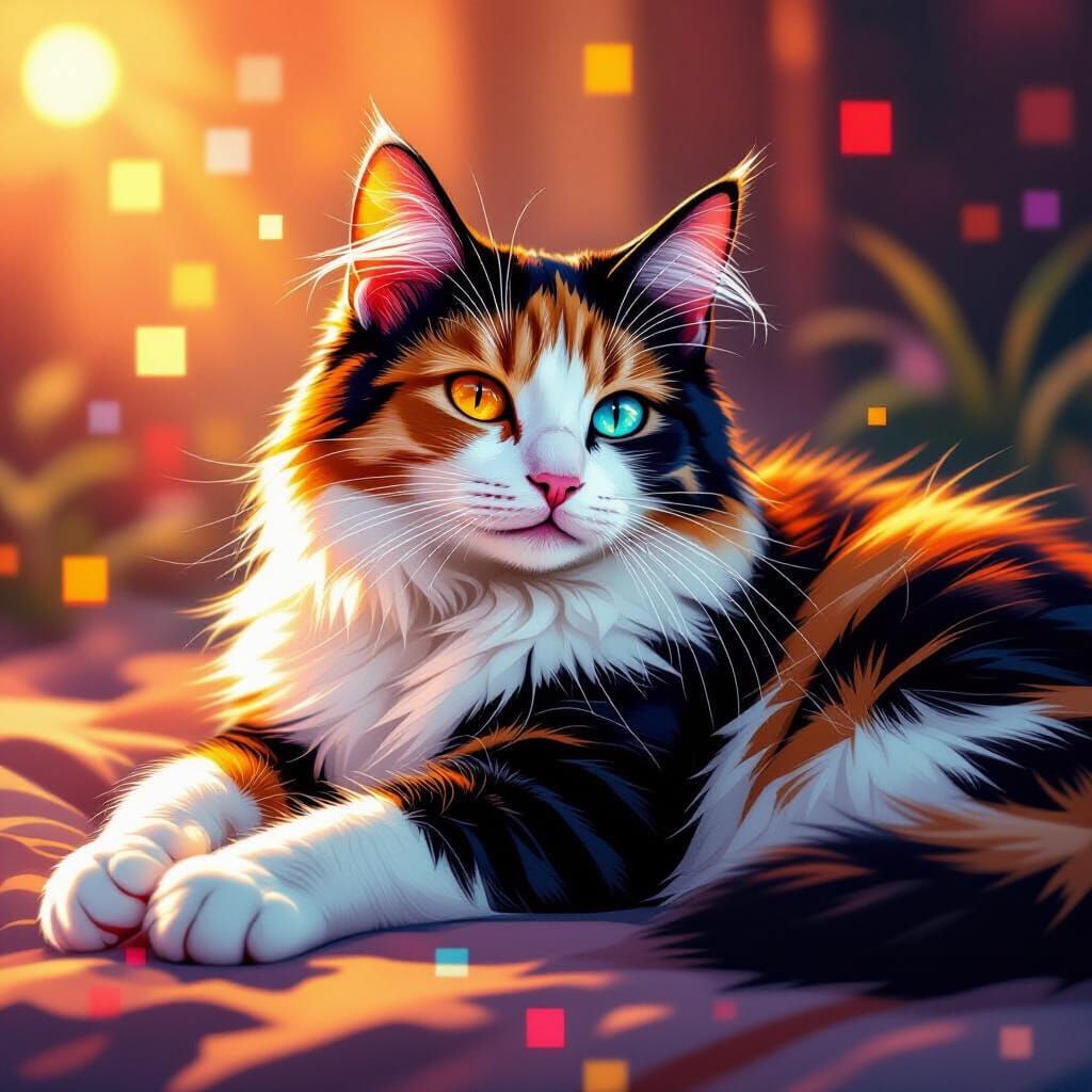 Glitched Calico Cat Lounging in Sunlight