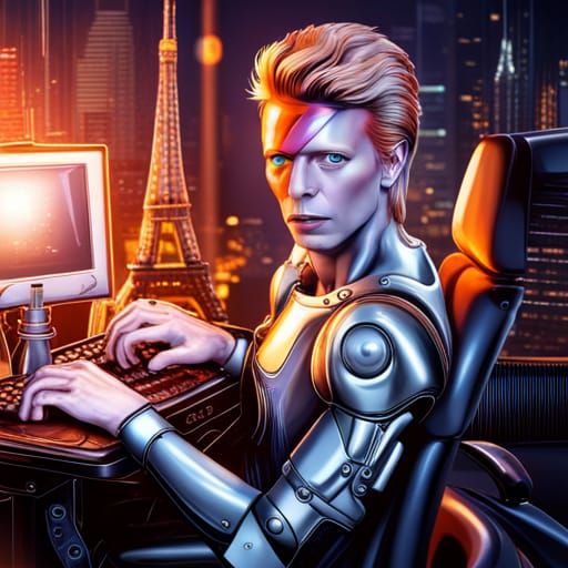 Robot David Bowie Typing in Futuristic City