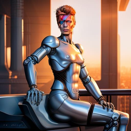 Humanoid Robot David Bowie in Futuristic City