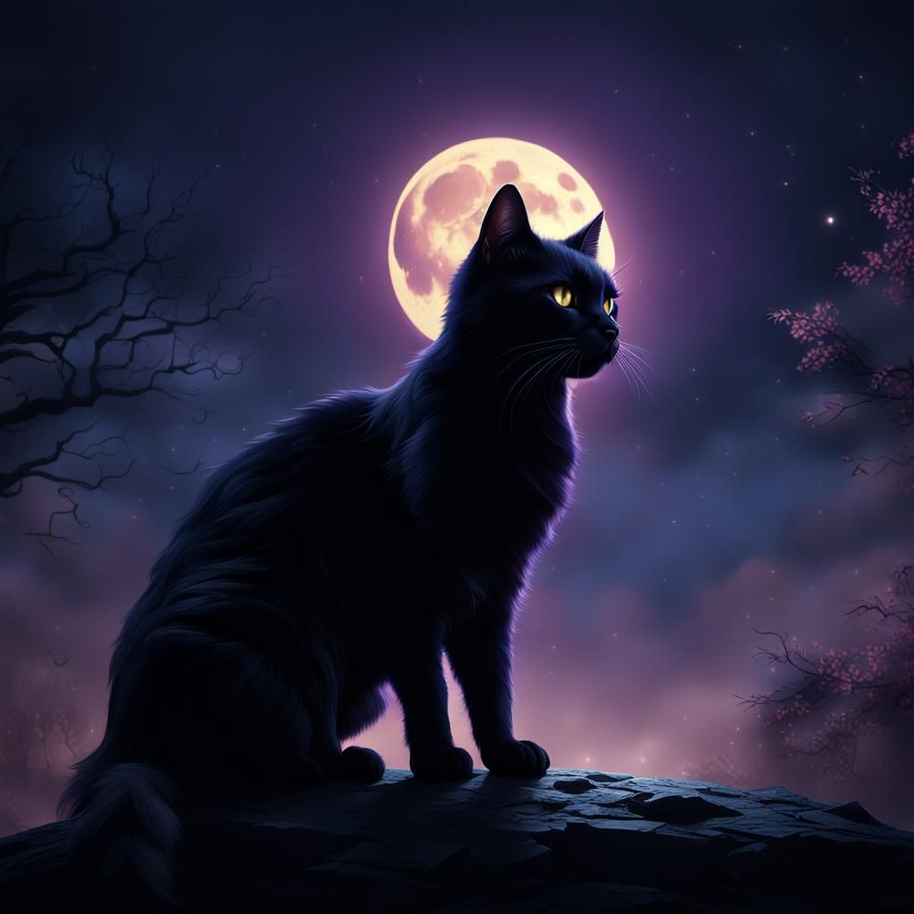 Mystical Black Cat Under Moonlight in Gothic Style