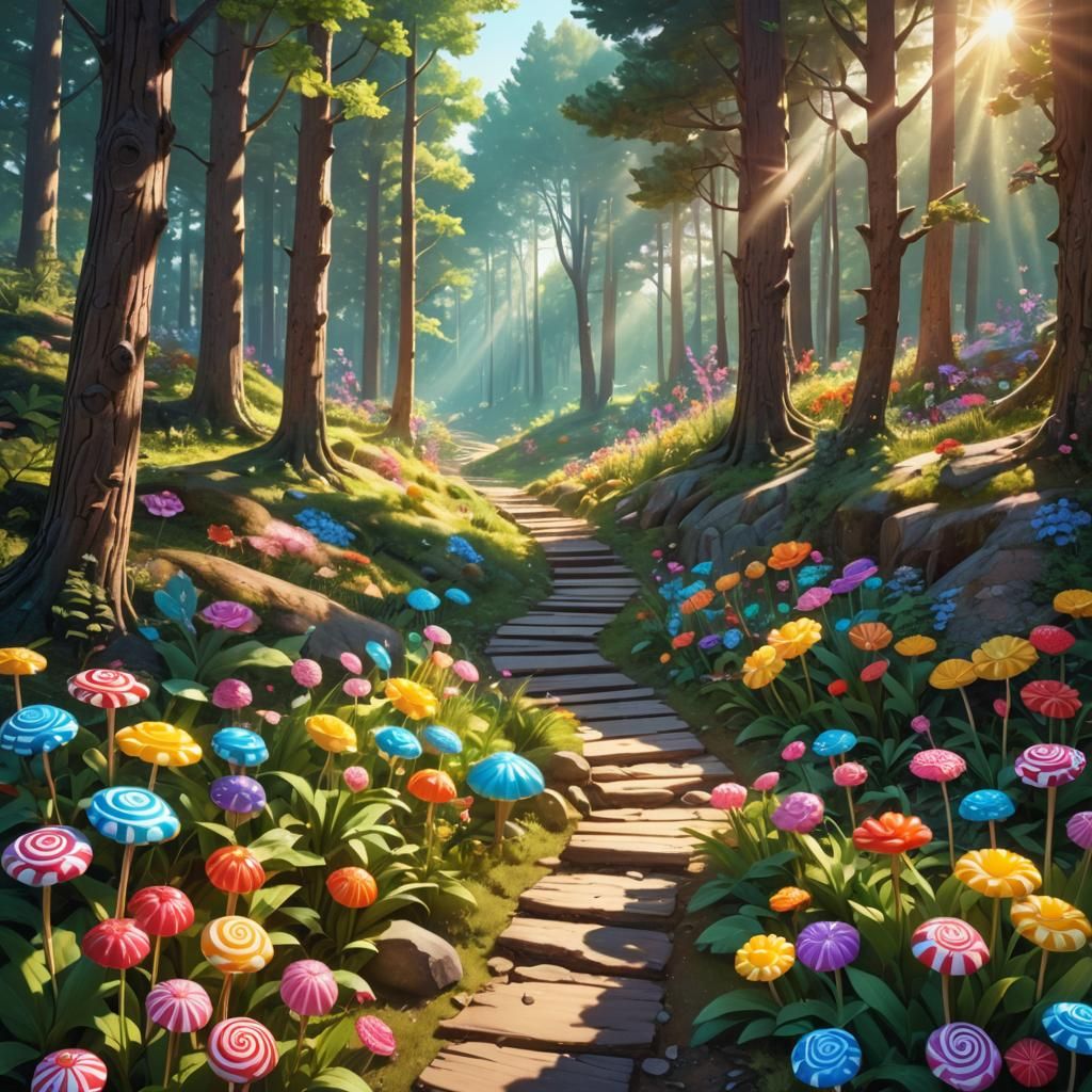 Candy Art Forest Path with Sun Rays