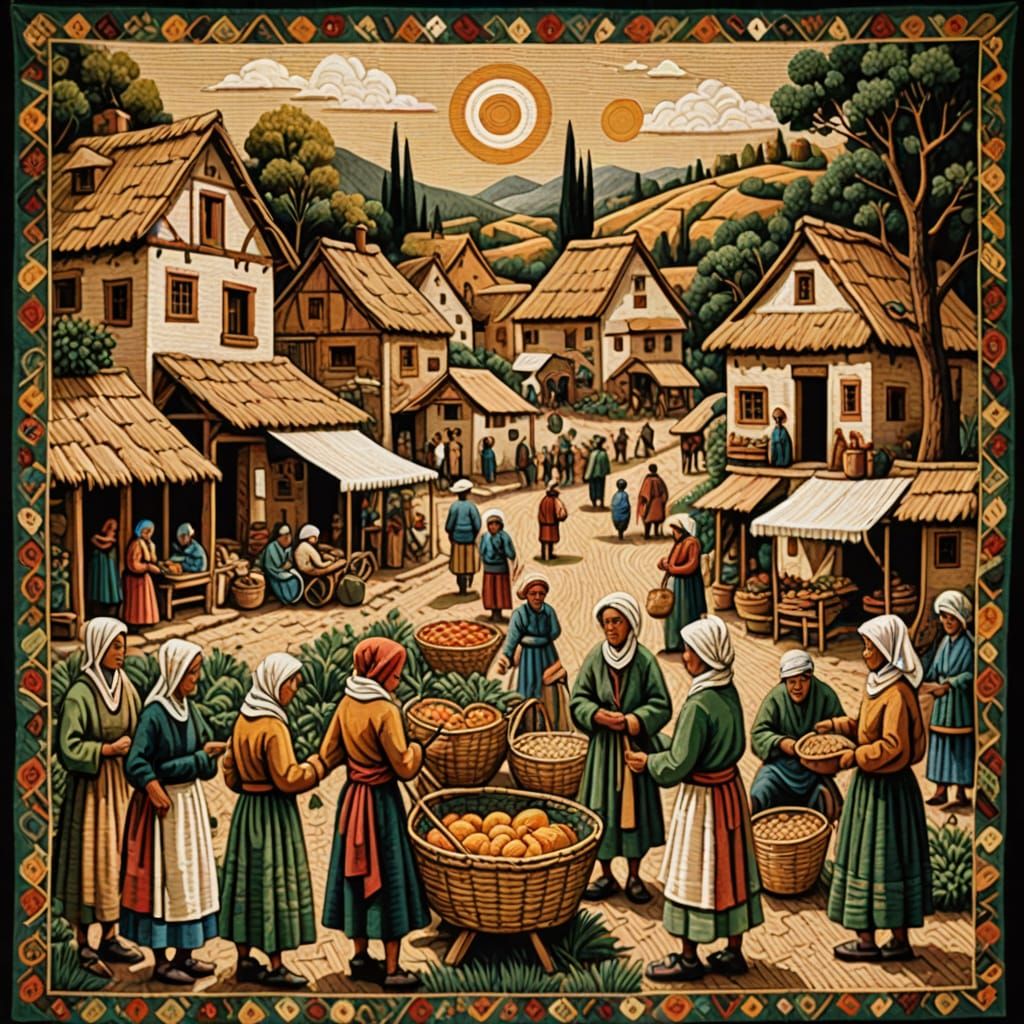 Folk Art Village Market Scene with Textured Threads