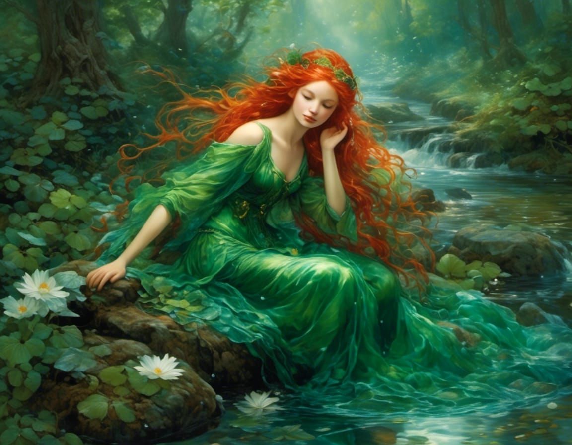 Red-Haired Water Nymph with Flowing Silver Hair