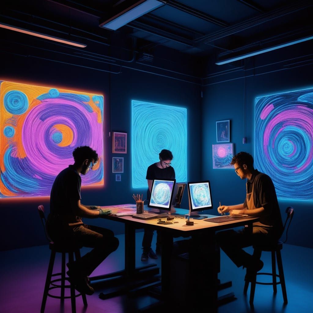 Moonlit Studio of Futuristic Artists Creating Vibrant Artwor...