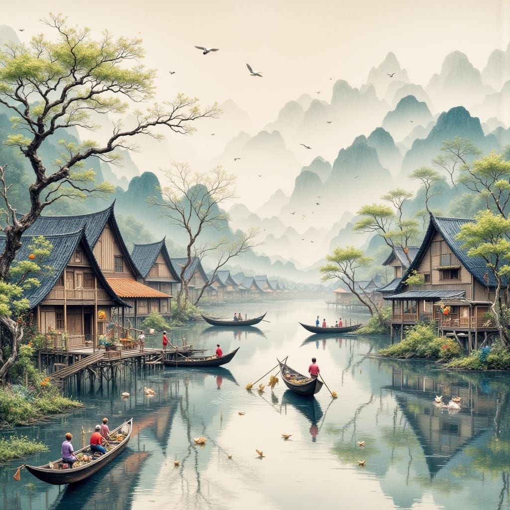 Traditional Chinese Fishing Village in Morning Fog