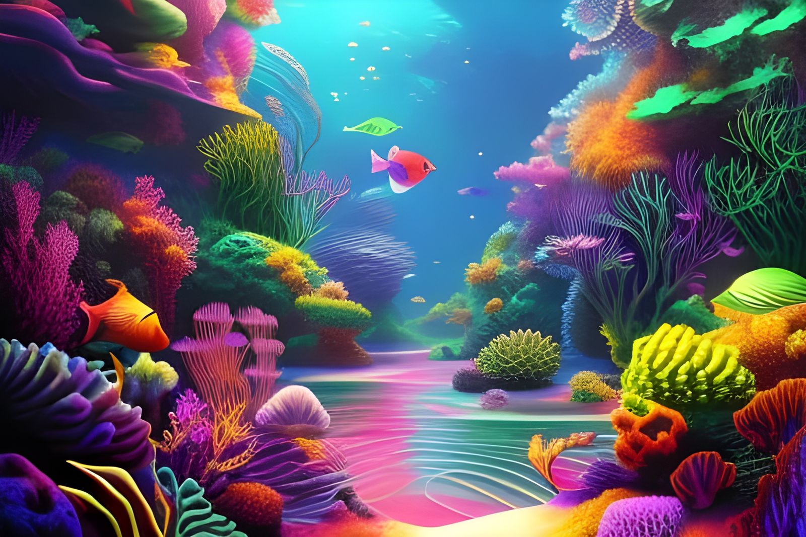Neon Aquarium with Glowing Fish in Surreal Style