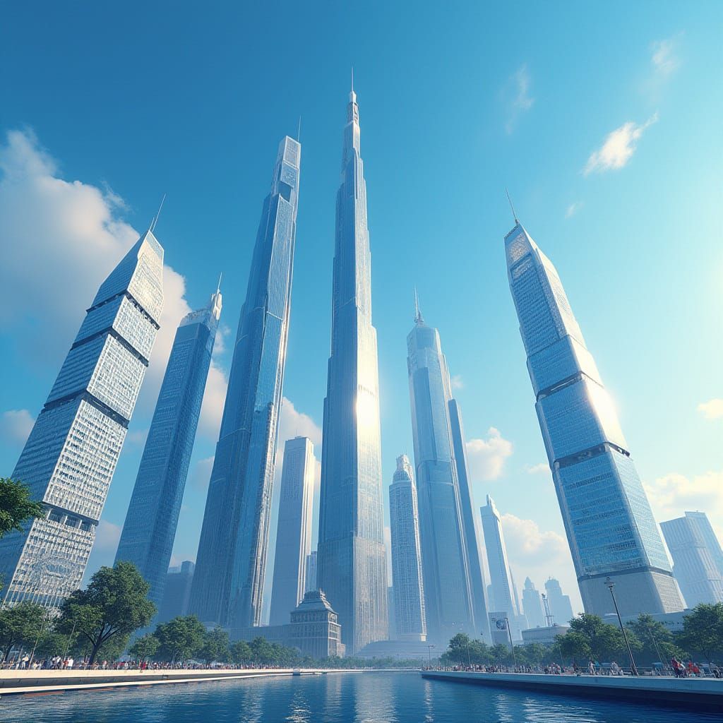 Sleek Modern Cityscape Rises into a Brilliant Blue Sky