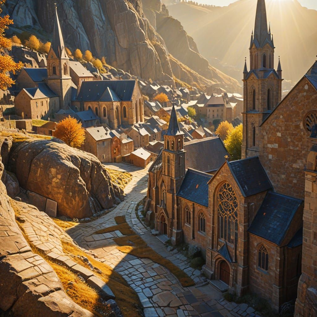 Abstract Expressionist Cityscape with Stone Architecture