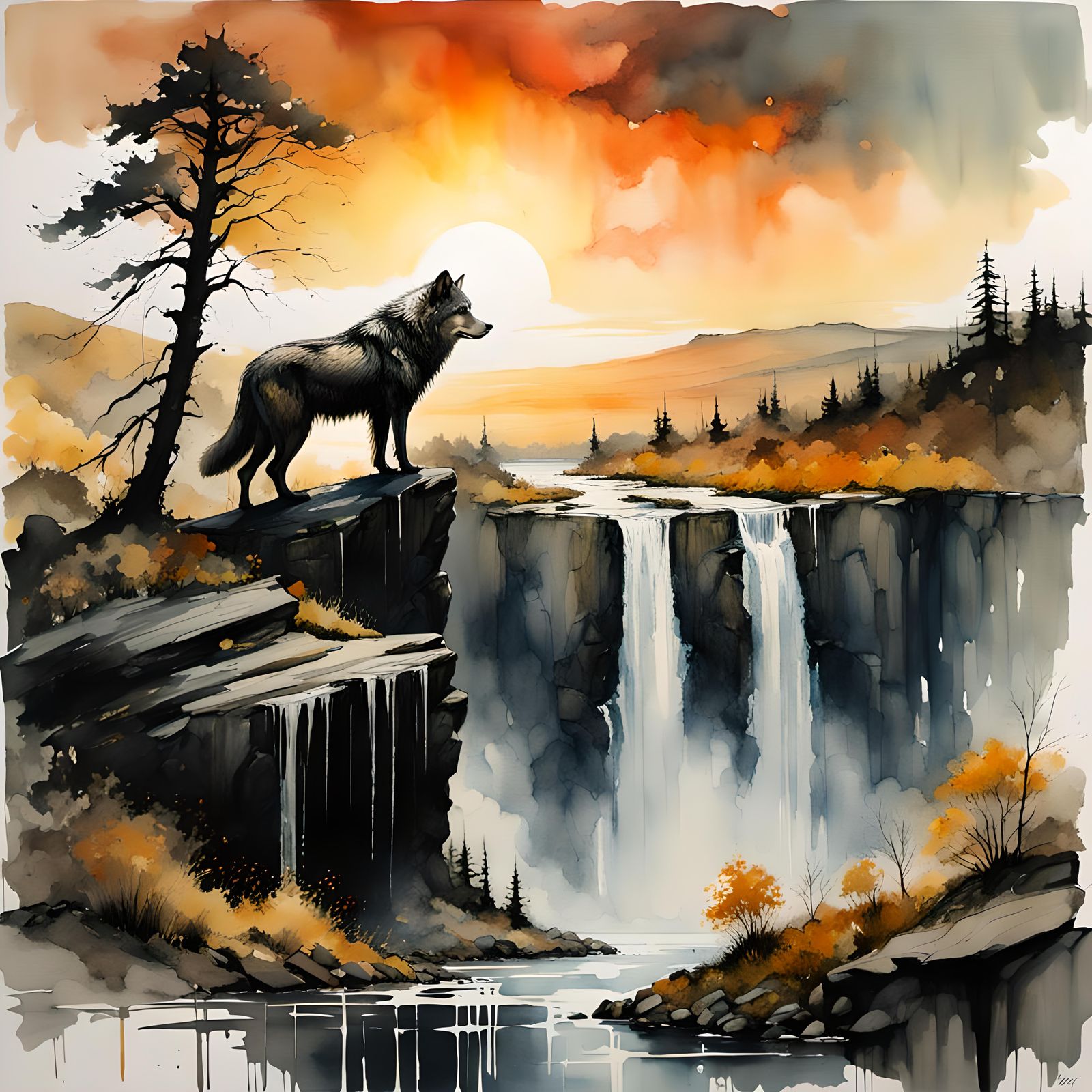 Wolf Observes Waterfall in Watercolor and Ink