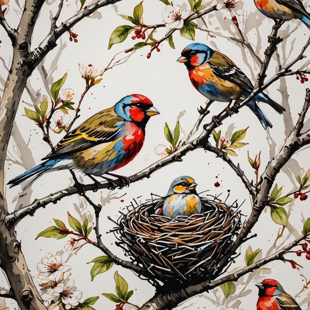Finch Family in Cherry Tree: Gouache Watercolor Art