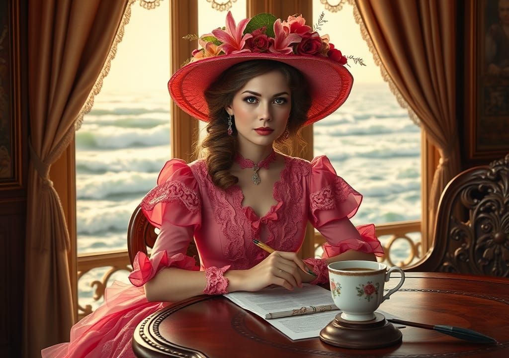 Victorian Lady Writer in Ornate Room