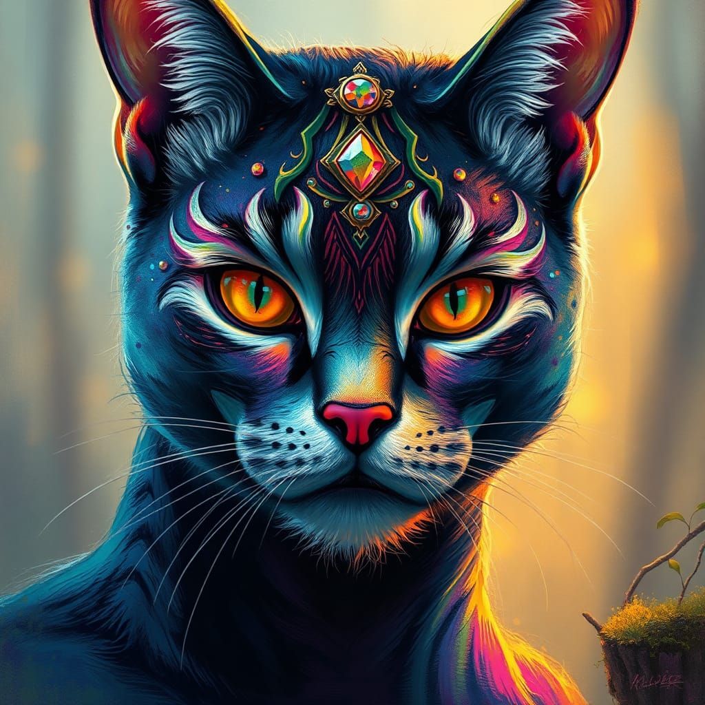 Vibrant, iridescent cat woman portrait, face adorned with intricate, swirling face paint and glittering gemstones, rende...