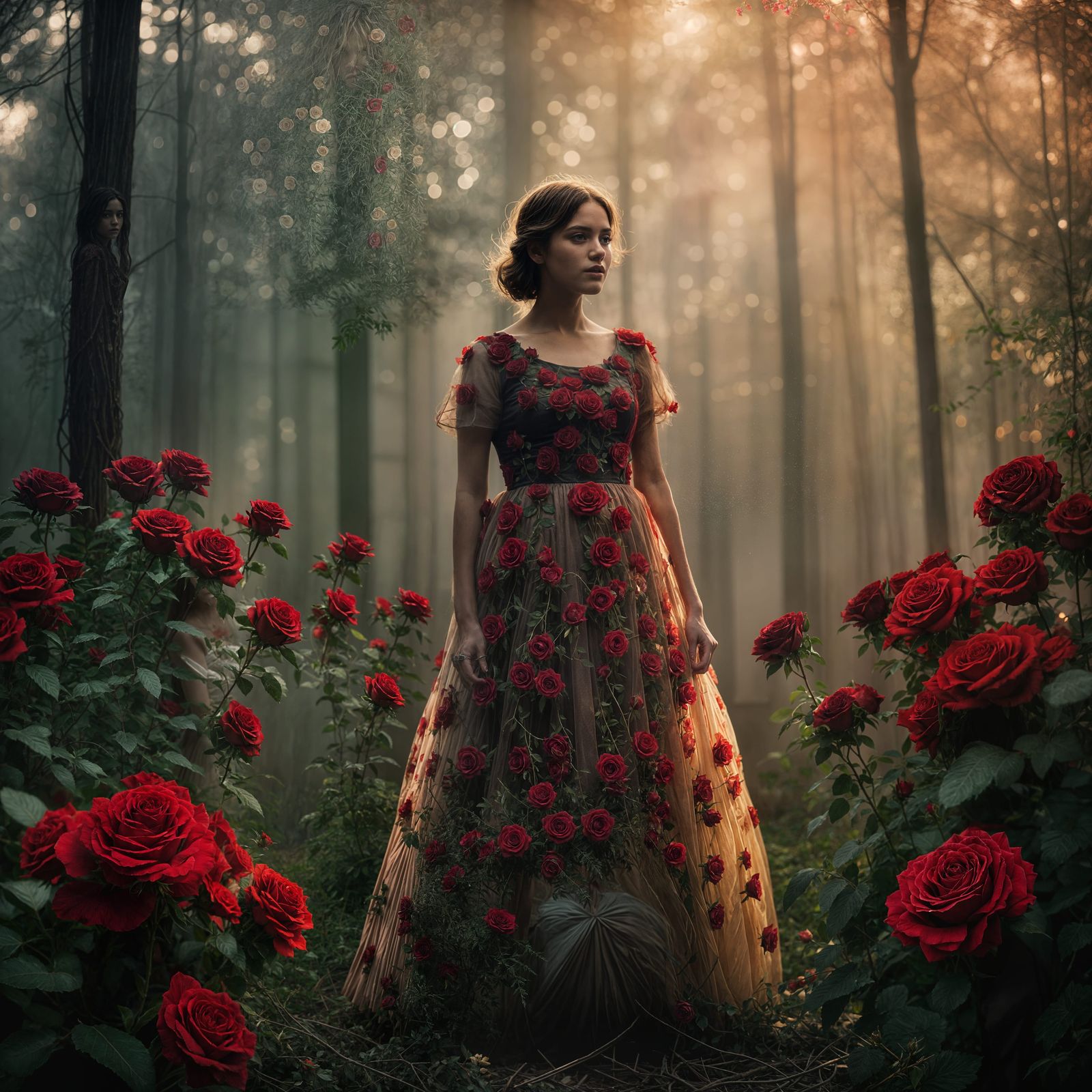 Girl in Red Rose Dress: Cinematic Film Still