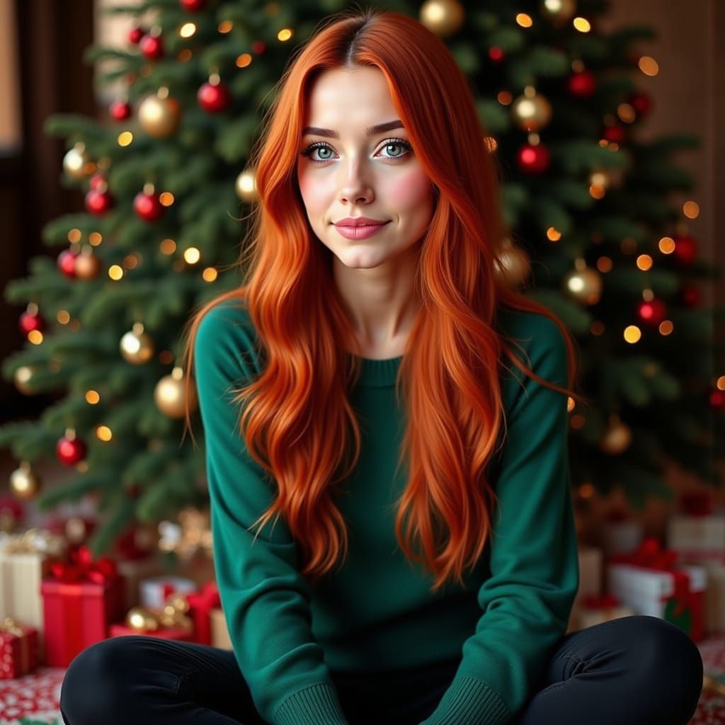 Woman in Green Shirt by Christmas Tree