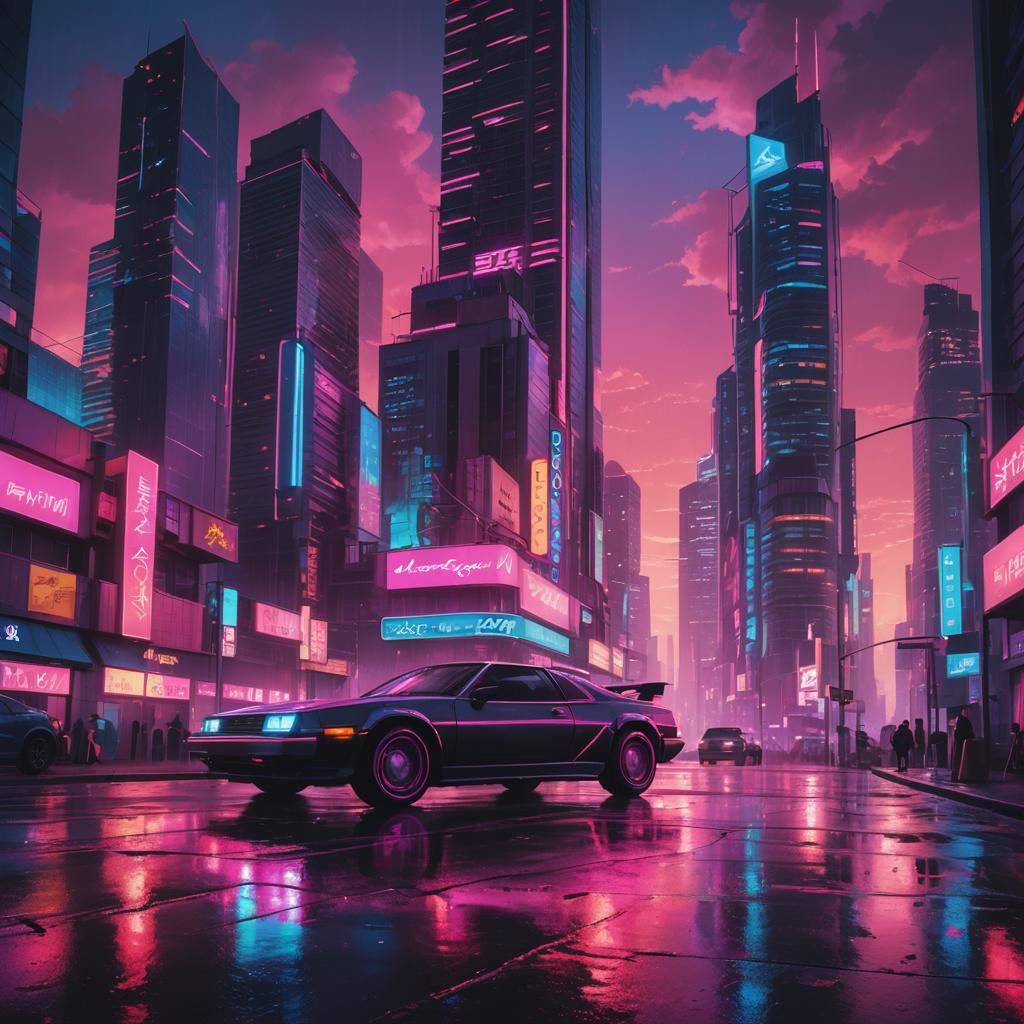 Synthwave Neon Cityscape at Dusk in Retrowave Style