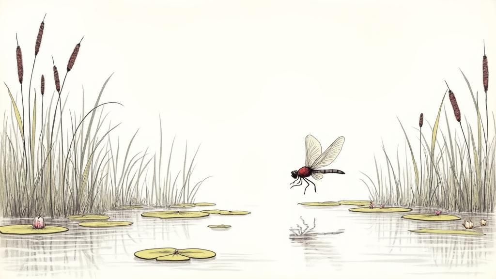 Marsh Line Drawing with Dragonfly