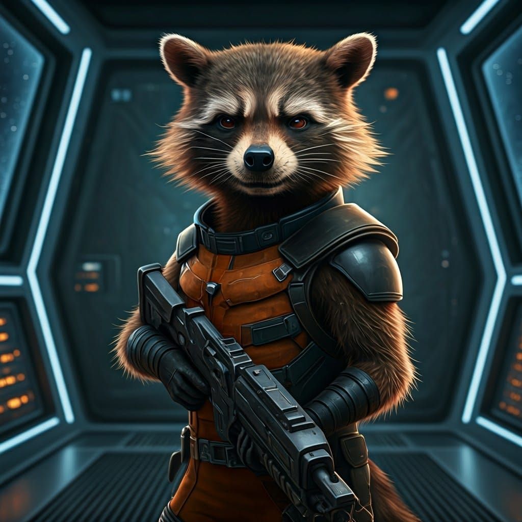 Cyberpunk Raccoon Hero in Futuristic Spaceship