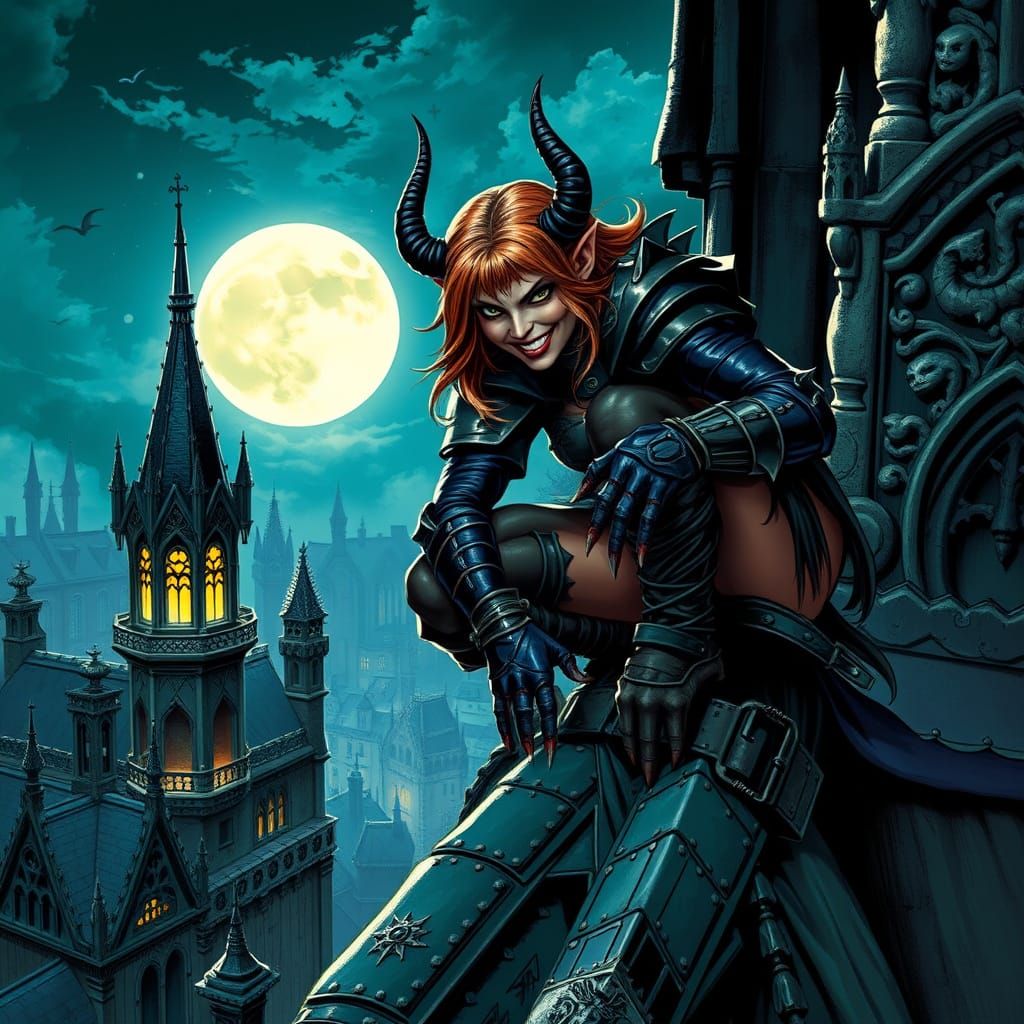 Tiefling Rogue on Gothic Rooftop in Fantasy Art Style