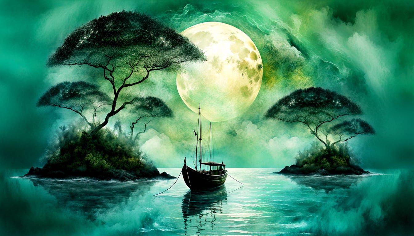 Surreal Magical Moonscape over Ocean with Small Boat in Styl...