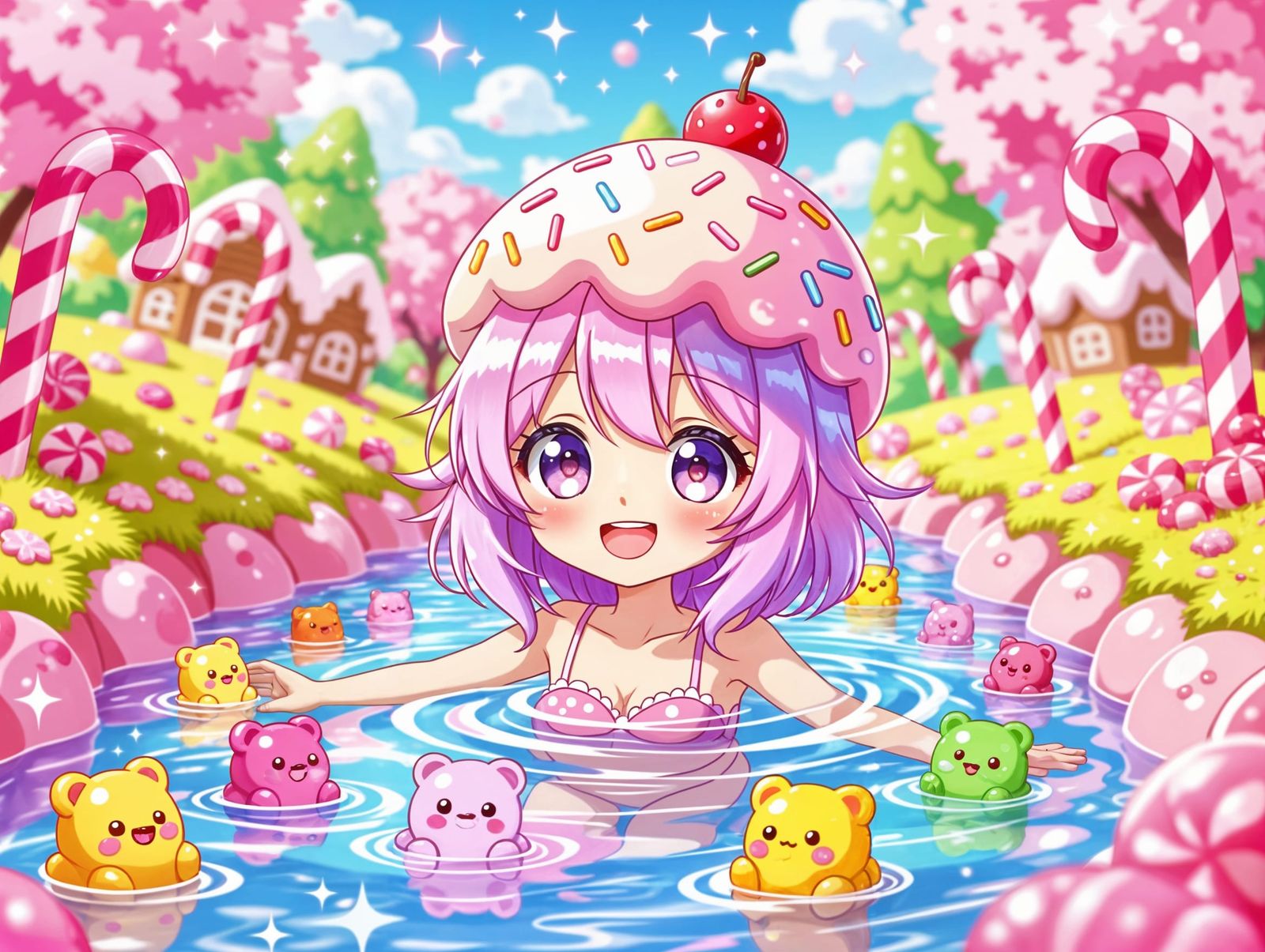 Pastel Pink Anime Girl Wades in Sparkling Gummy Bear River