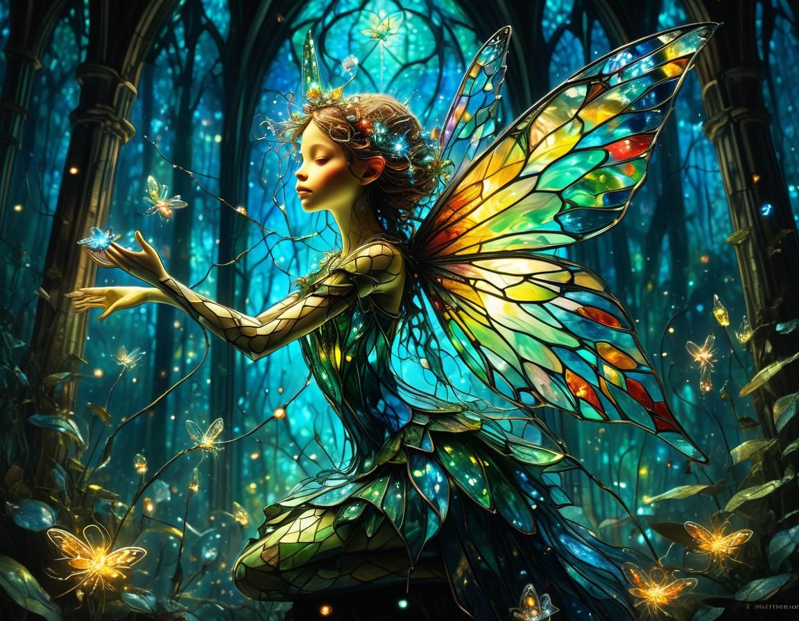 Enchanted Stained Glass Fairy in a Fantasy Forest