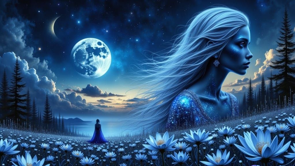 Ethereal Woman in Bioluminescent Field, Art Nouveau Style