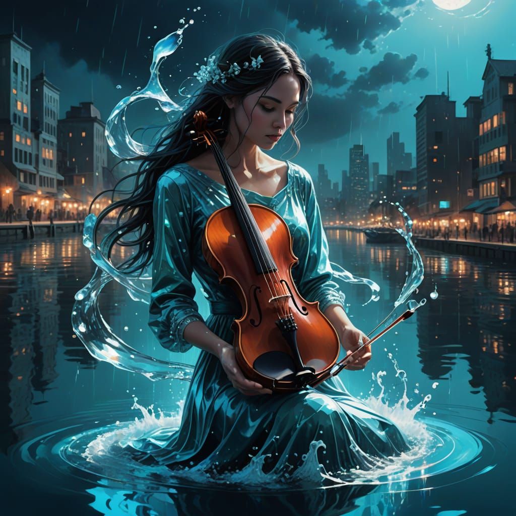Ethereal Water Cityscape with Glowing Violin
