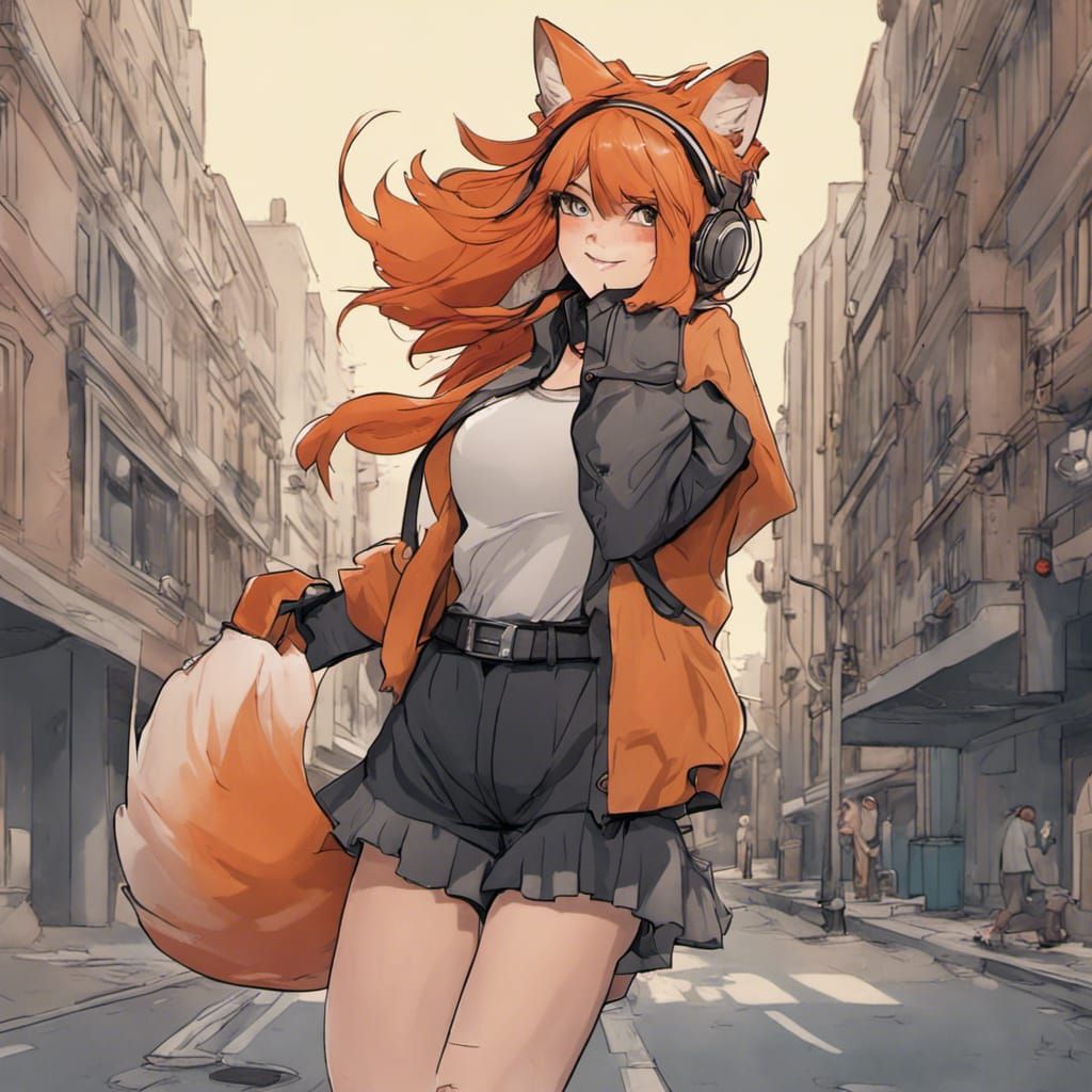 Adorable ginger Fox-girl VIXEN, wearing a black Ruched 3/4 Short Ruffle Sleeve Casual Swing A-line Dress, cute sneakers ...