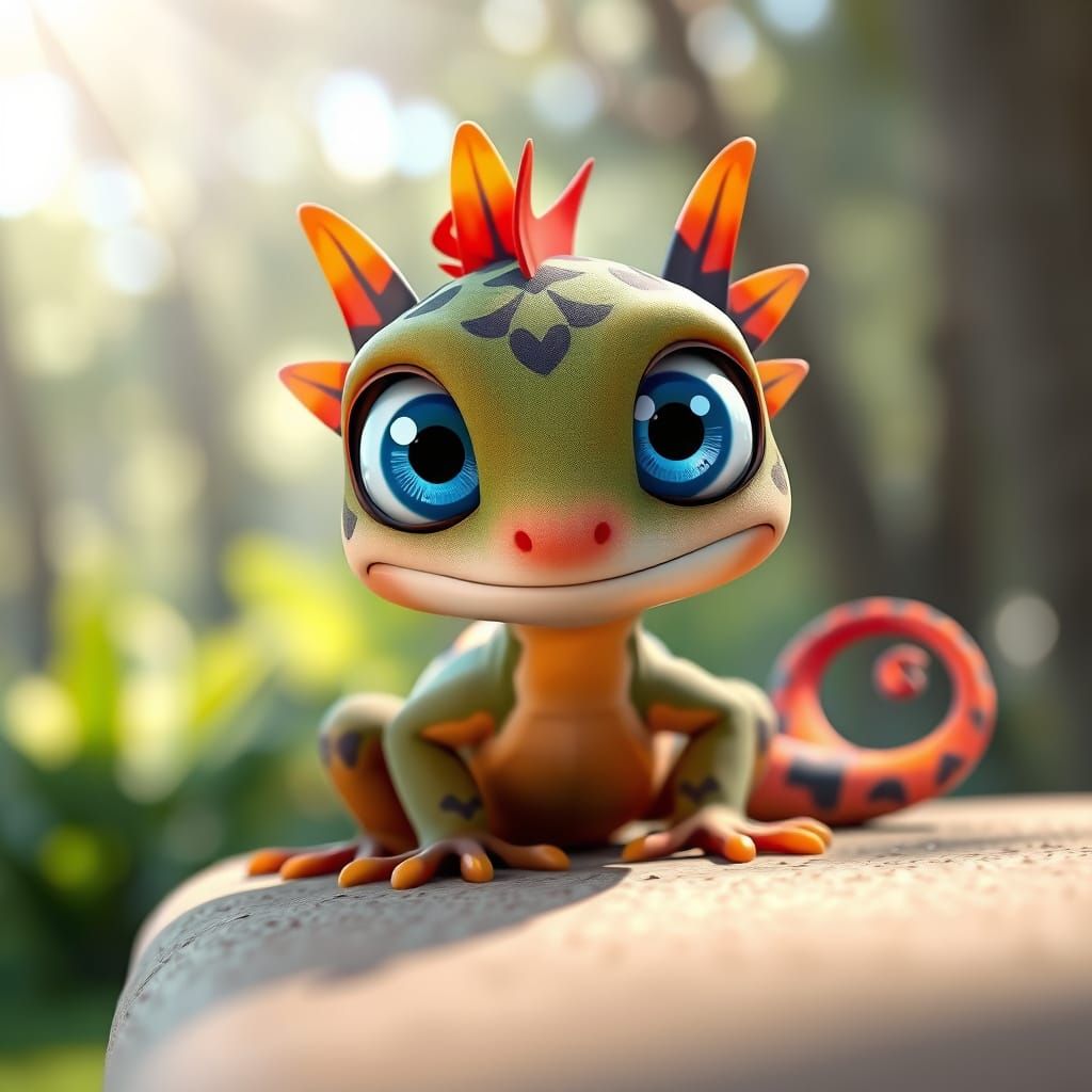 Cute 3D Gecko with Expressive Eyes in Cartoon Style