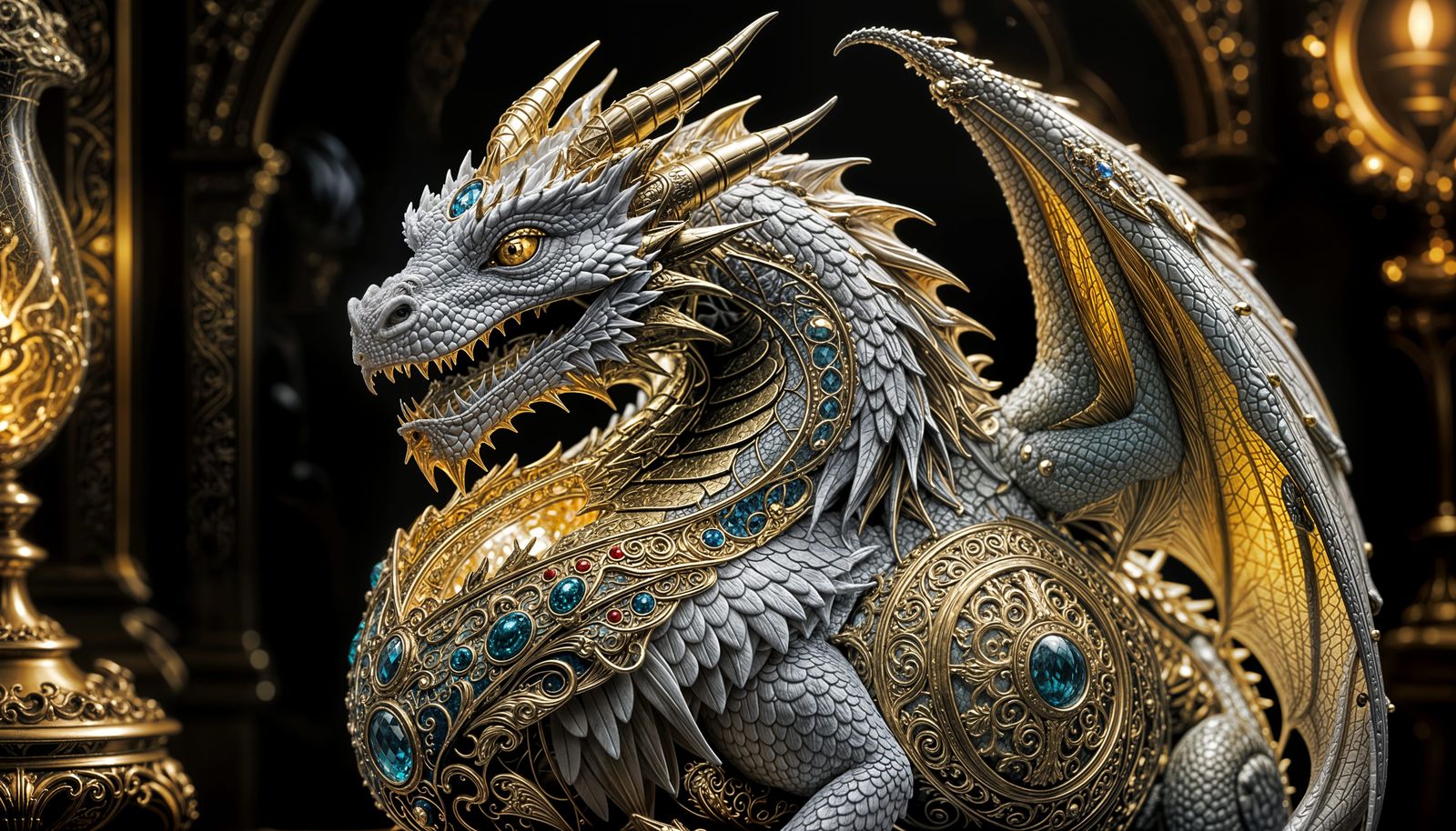 White Dragon Unfolds from Golden Faberge Egg in Hyperrealist...