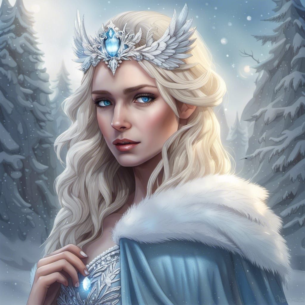 Ice Queen with Owl in Snowy Landscape