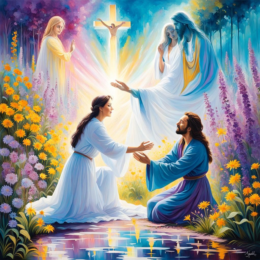 Woman Reaching for Jesus in Anime Action Painting