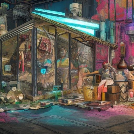 Post-Apocalyptic Crystal Shop in Hyperrealism Style