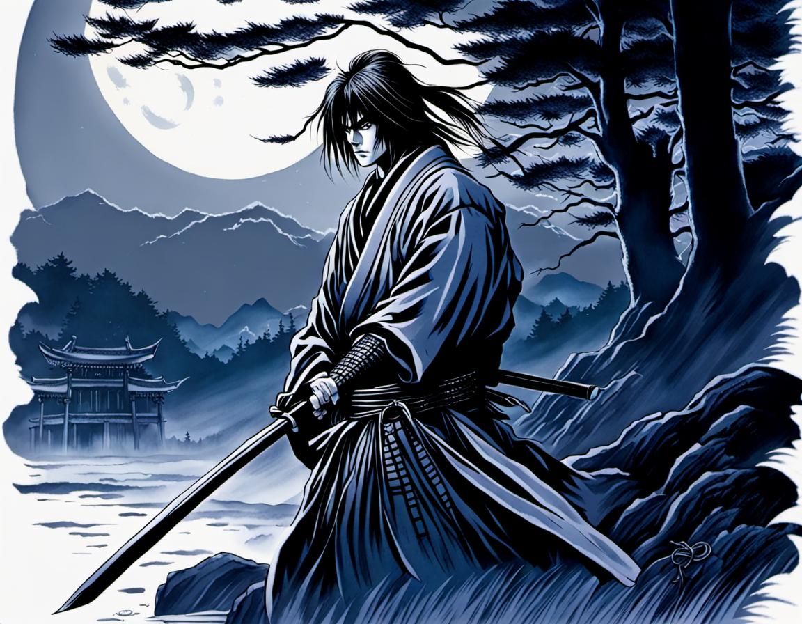 Samurai Kenshin in Misty Graveyard: Ink Masterpiece