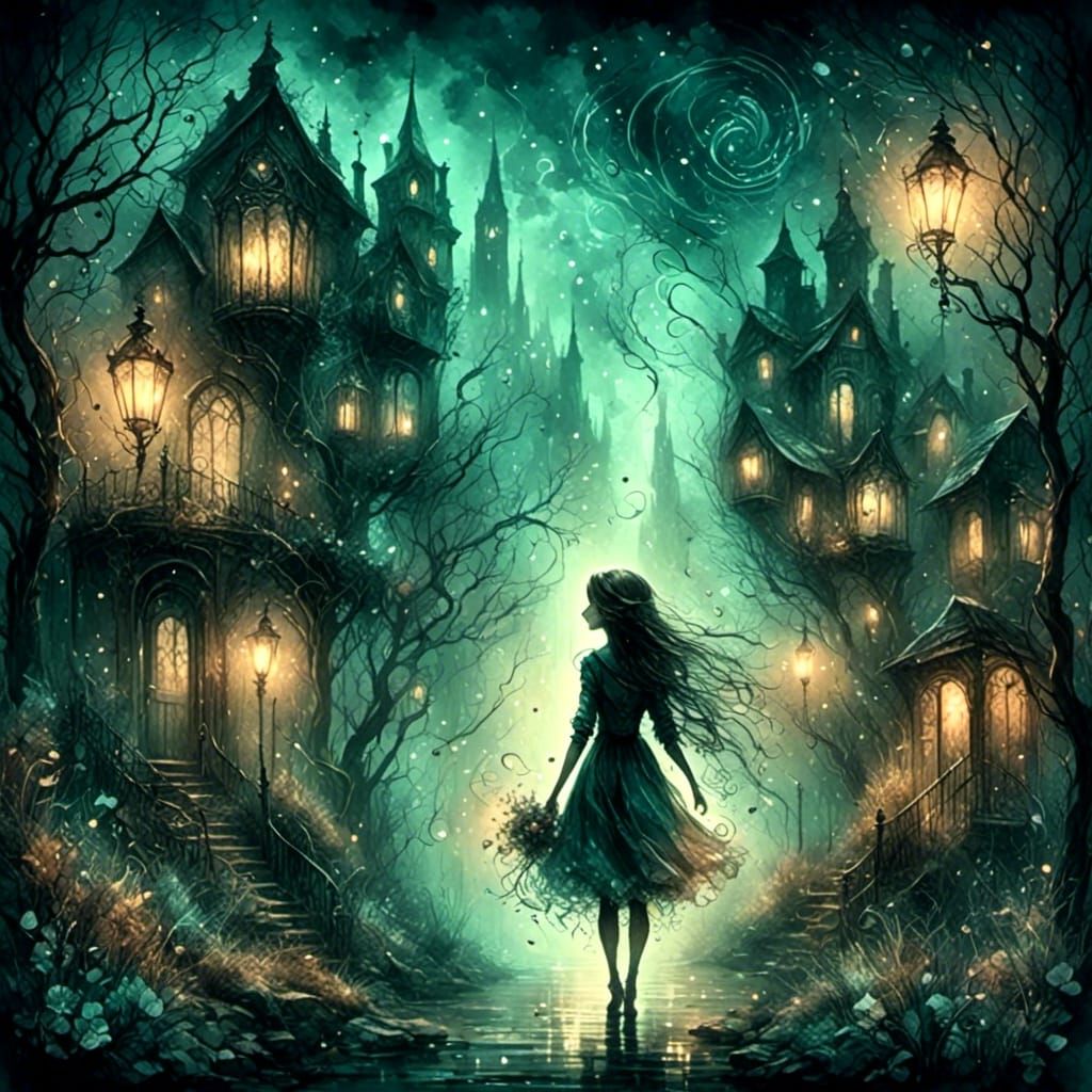 Enchanted Forest in Black and White Ink Style