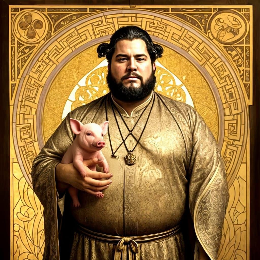 Klimt-Inspired Man with Pig Head in Art Nouveau Style
