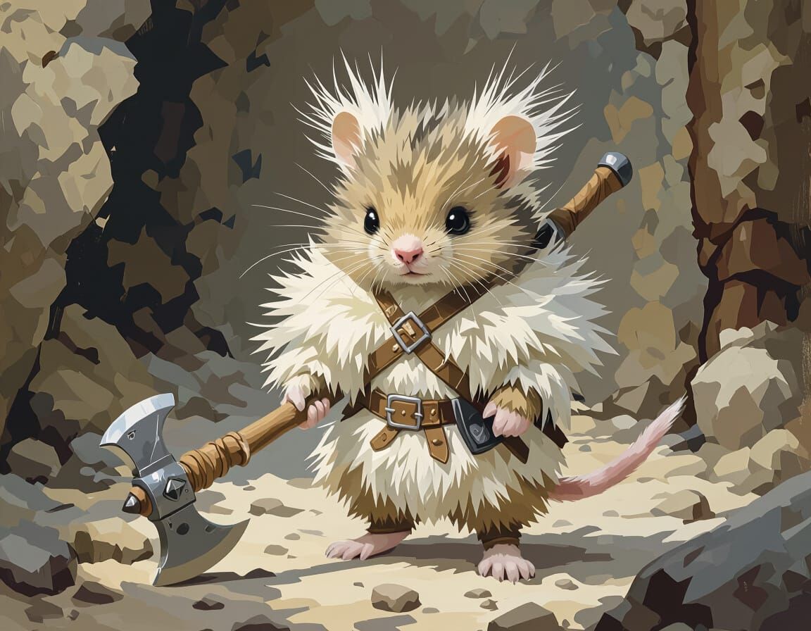 Fluffy Pika Mouse Barbarian in Oil Portrait Style