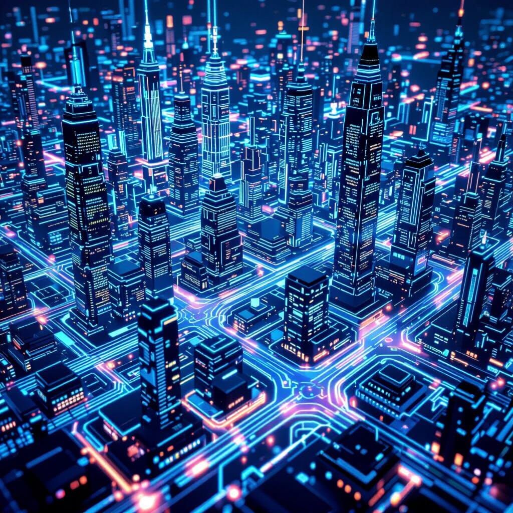 Futuristic Smart City Design with Neon Blue Lighting