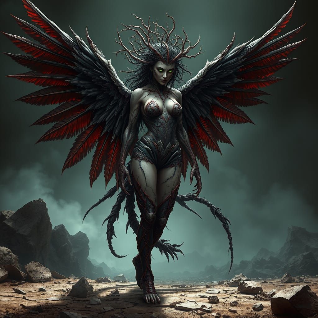 Corrupted Phoenix Hybrid with Jagged Rock Wings