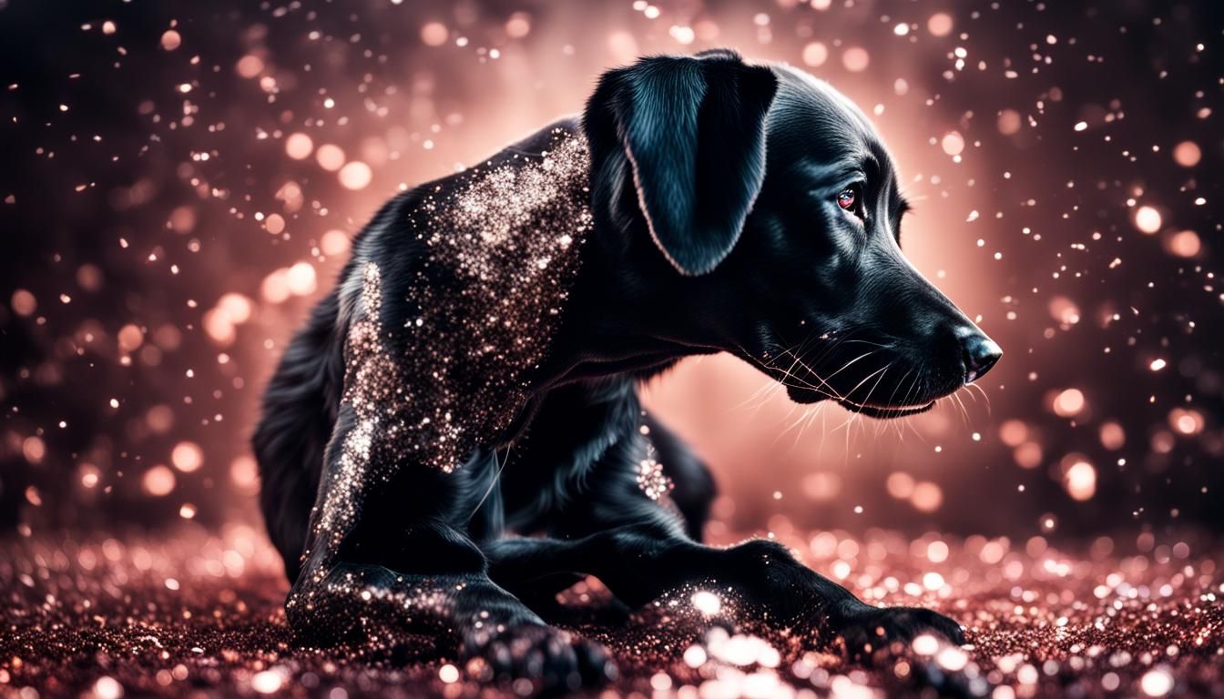 Glitter-Covered Black Dog: Hyperrealistic and Detailed
