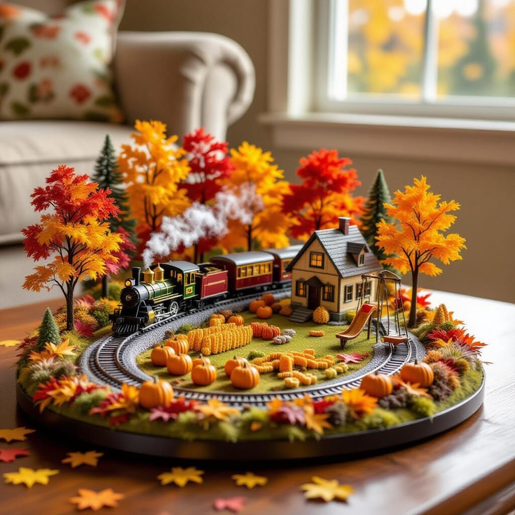 Miniature Autumn Village Scene with Train on Coffee Table