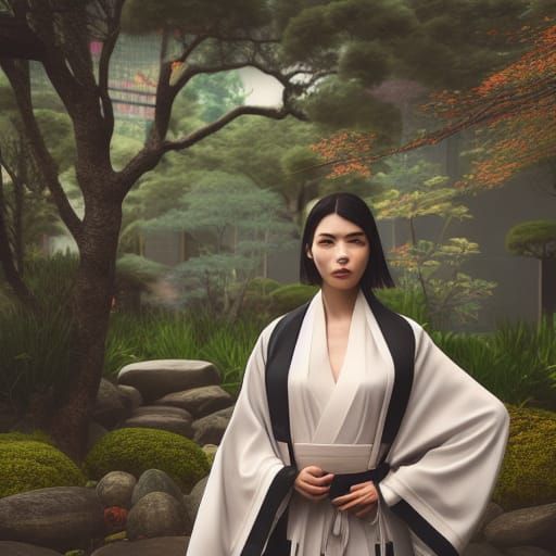 Cyborg in Kimono in Cyberpunk City, Digital Render