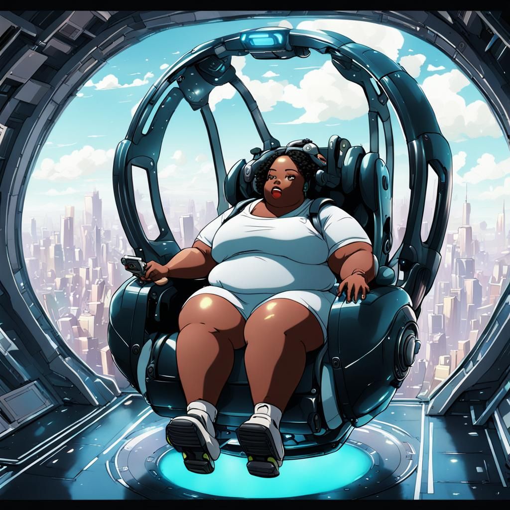 Obese Girl in Flying Chair: Anime Cel-Shaded Art