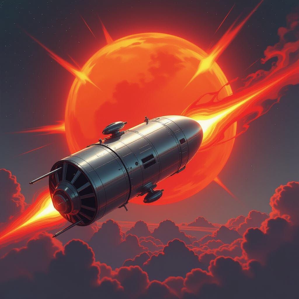 Silver Satellite Orbits Earth with Fiery Red Sun