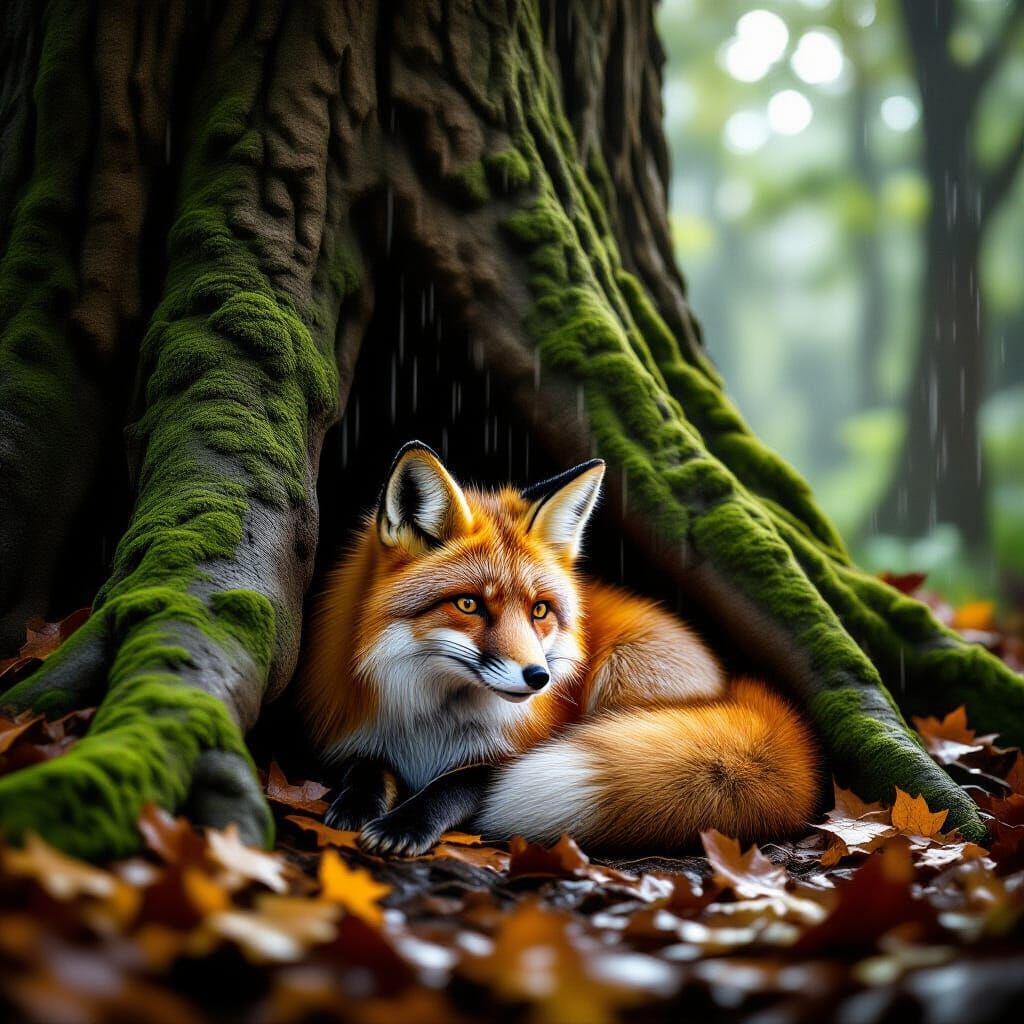 Hyperrealistic Fox Sheltering from Rain in Ancient Forest