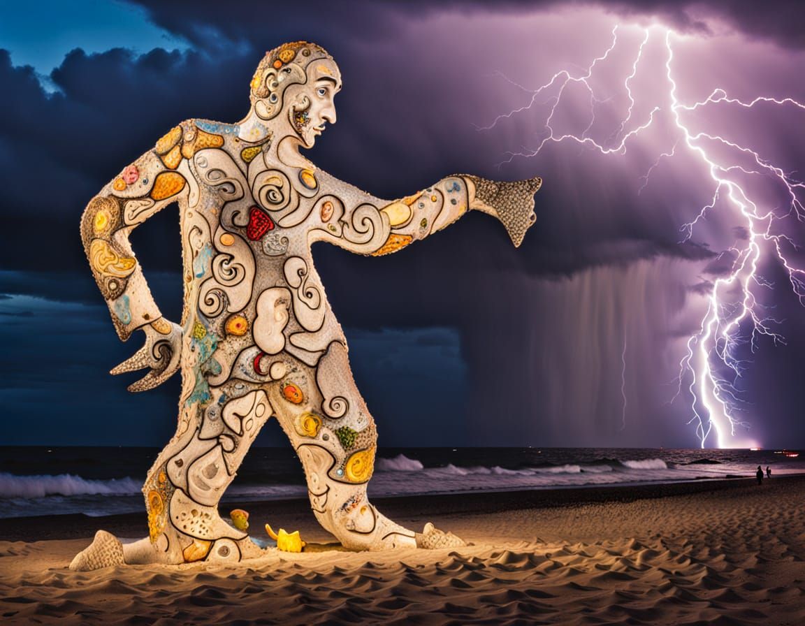 anthropomorphic luminobabel  3D sculptural suprareal standalone graffito  by textile photographer "Marc Chagall" lightni...