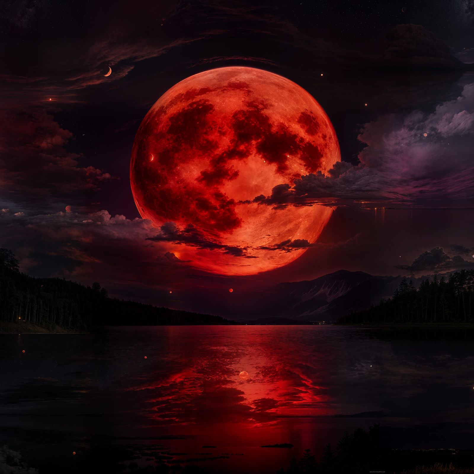Fiery Red Moon Over Serene Lake at Night